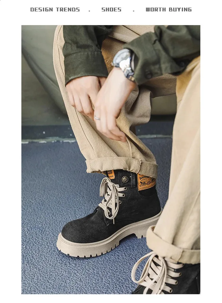 Botas de cowboy masculinas de alta qualidade, estilo britânico, com cadarço, bico redondo, cano curto, para uso casual ao ar livre (código 240930)._voghion.com