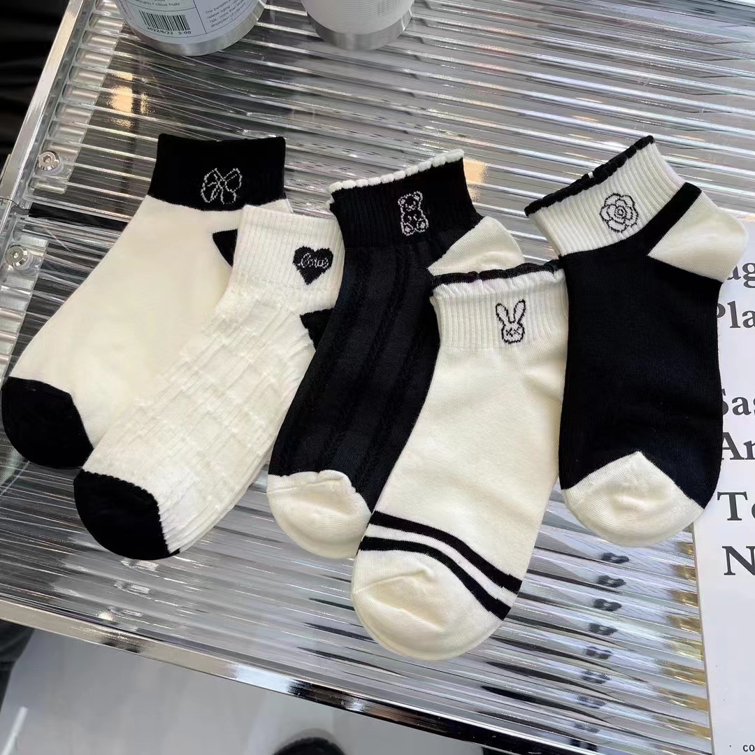 10 paia di calzini bianchi e neri da donna estivi sottili alla moda in stile college all-match semplice amore barca da donna_voghion.com