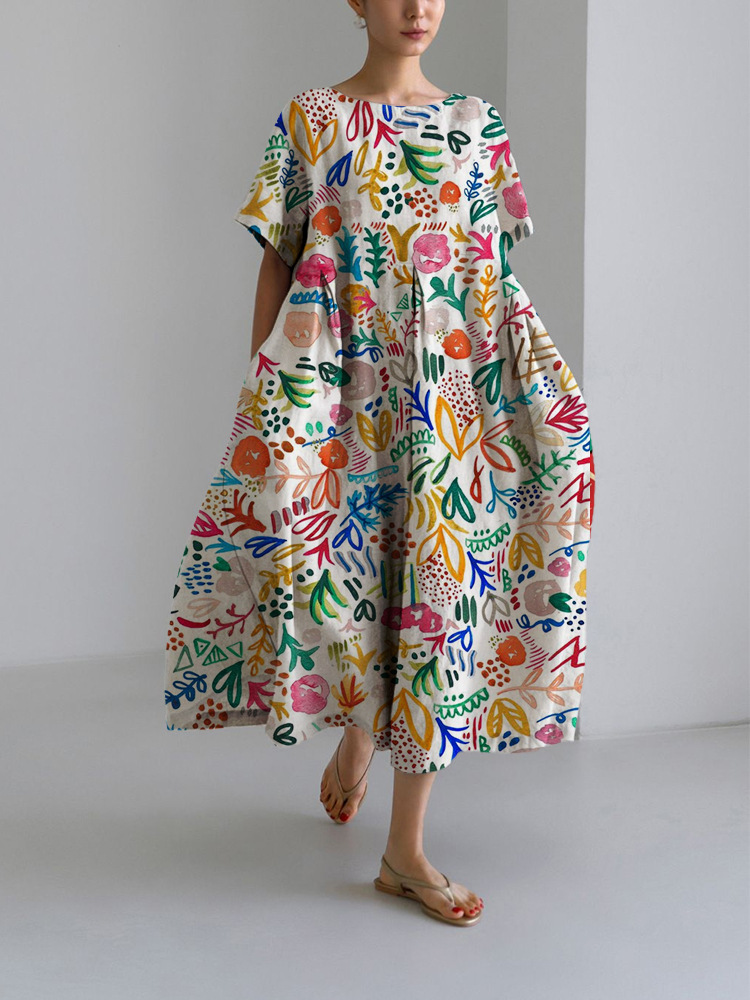 Women's clothing loose round neck fashion high-end short-sleeved printed dress_voghion.com