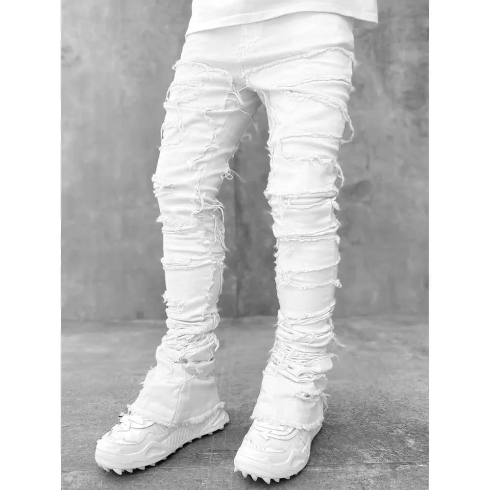 Pantalon droit en denim à patch élastique pour homme, nouvelle mode de rue_voghion.com