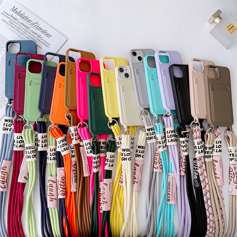 Crossbody Necklace Strap Lanyard Card Bag Phone Case For iPhone 15 14 13 Pro Max Plus Silicone Soft TPU Shockproof Back