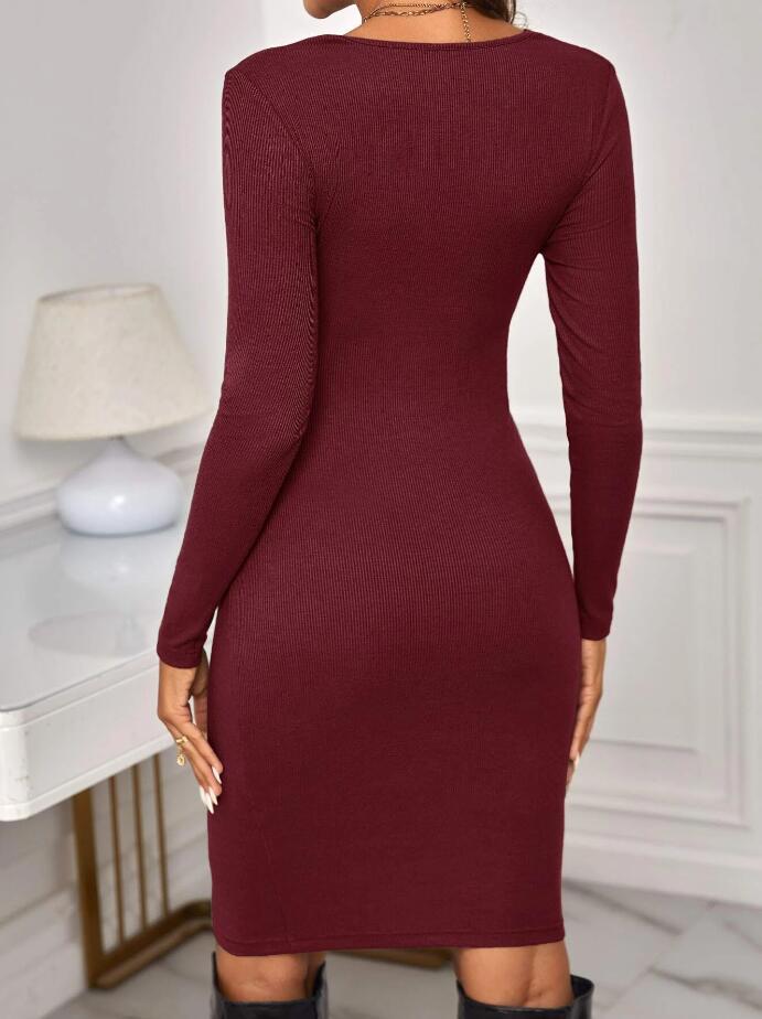 Robe tricotée à manches longues et col rond, tenue de maternité courte de couleur unie, ajustée_voghion.com