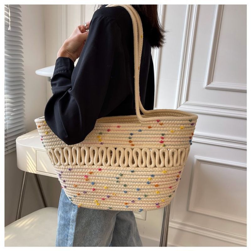 Spring and summer niche grass for women in 2024, new trendy cotton thread woven beach bags, large capacity single_voghion.com