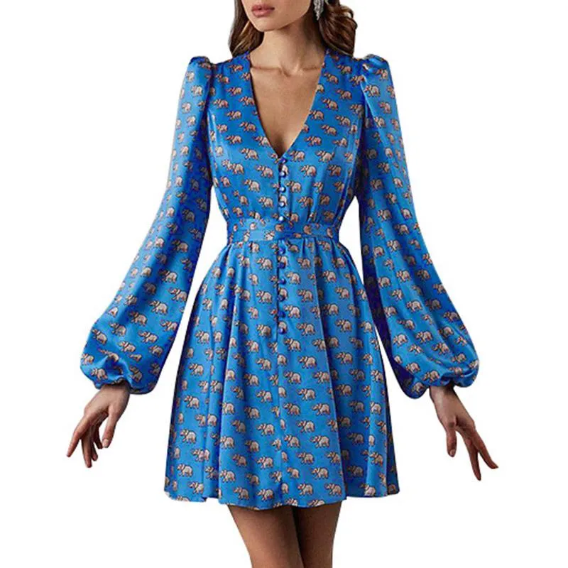 Uformelle kjoler Elegante lanterneermer A-linje minikjole Kontor guttetrykk Lang Vestido Kvinner Sex V-hals Høy midje_voghion.com