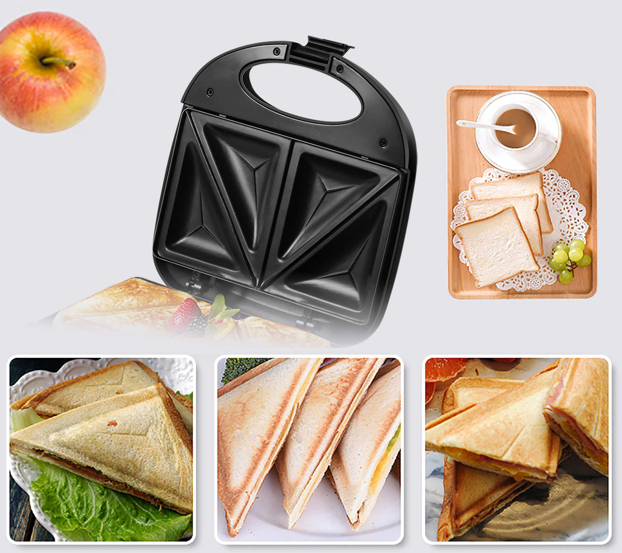 Elektrisk trekantsandmaskine Panini 750W Madlavning Køkkenudstyr Morgenmad Vafler hine Non-stick Iron Pan Sonifer_voghion.com