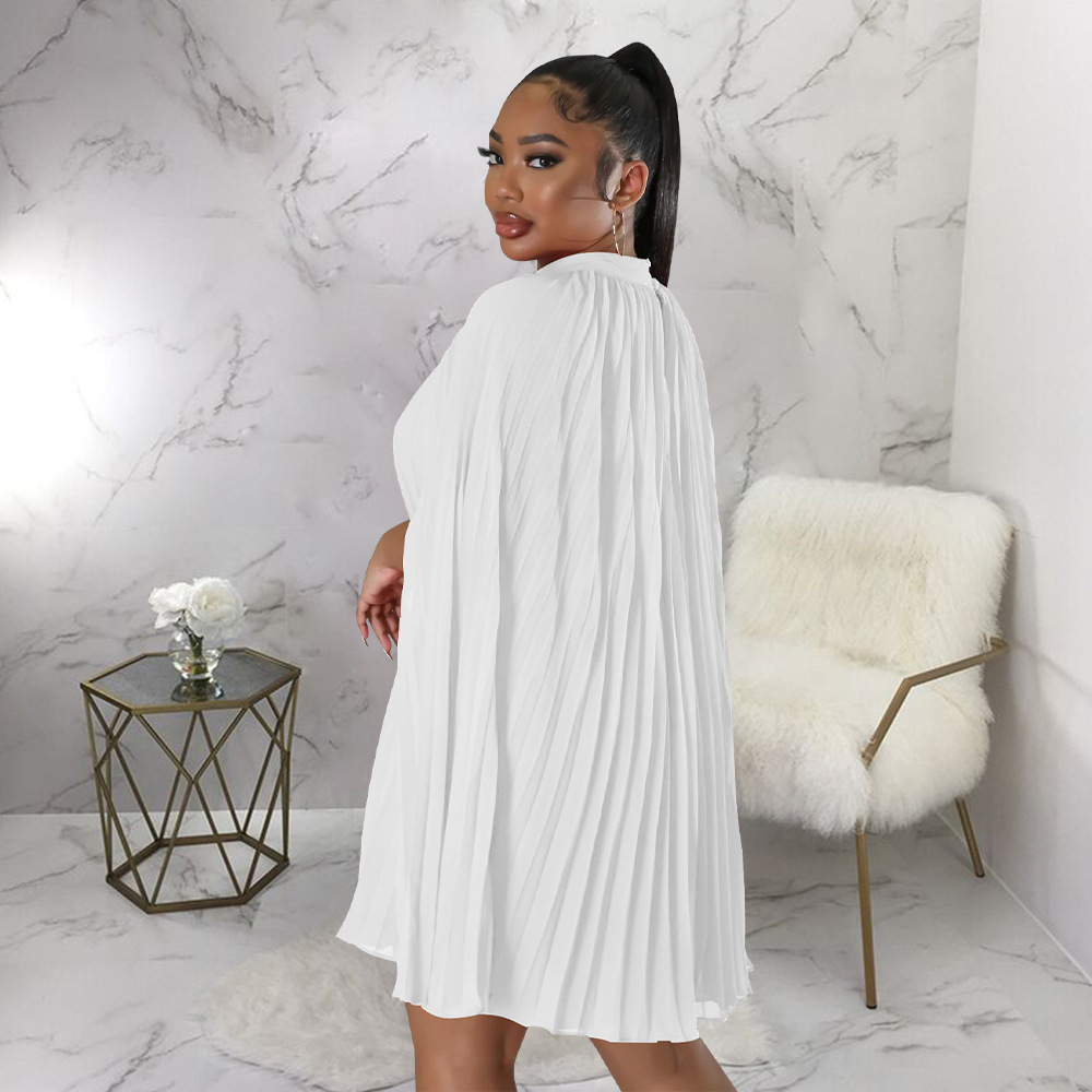 Women's Solid Colour Loose Bat Sleeve Pleated Chiffon Dress_voghion.com