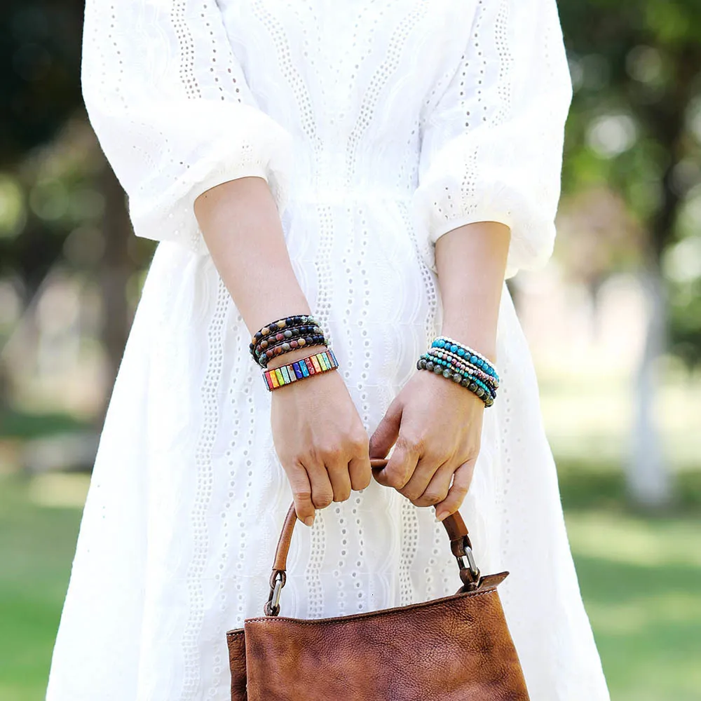 Pulsera tejida multicapa estilo bohemio con 3 hebras de piedra mate de 6 mm y cuero vintage, joyería hecha a mano, envío directo_voghion.com