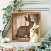 "8x8" Rustic Bunny Silhouette Wood Sign - Farmhouse Wall Art For Kitchen, Bedroom & Office | No Power | Easter/Housewarming Gift_voghion.com