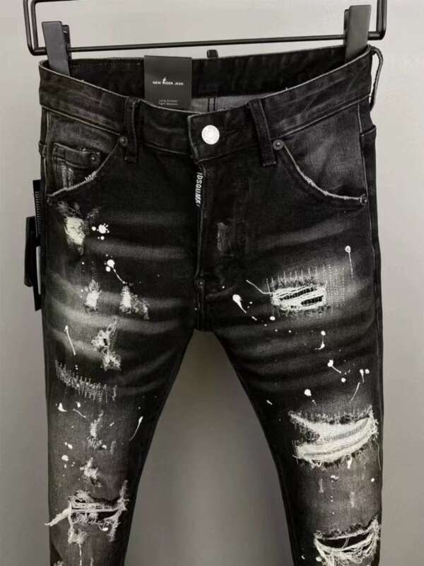2025 Black Washed Distressed Patch Versatile Paint Street Slimming Micro Elastic Jeans_voghion.com