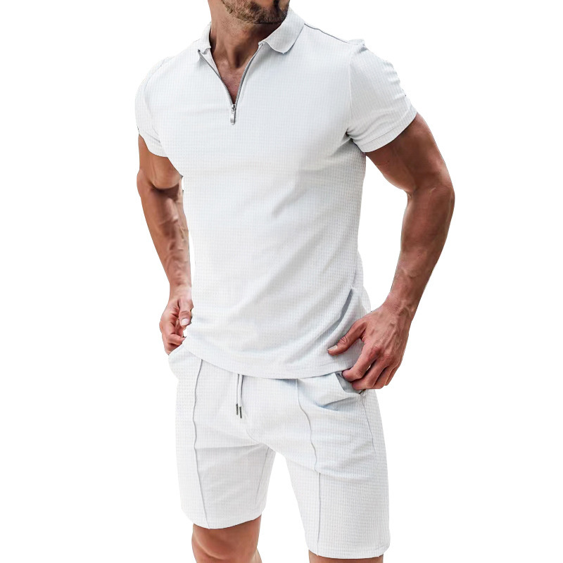Herren Polo Shirt Set Kurzarm Sommer Freizeit Outfit Waffeloptik_voghion.com