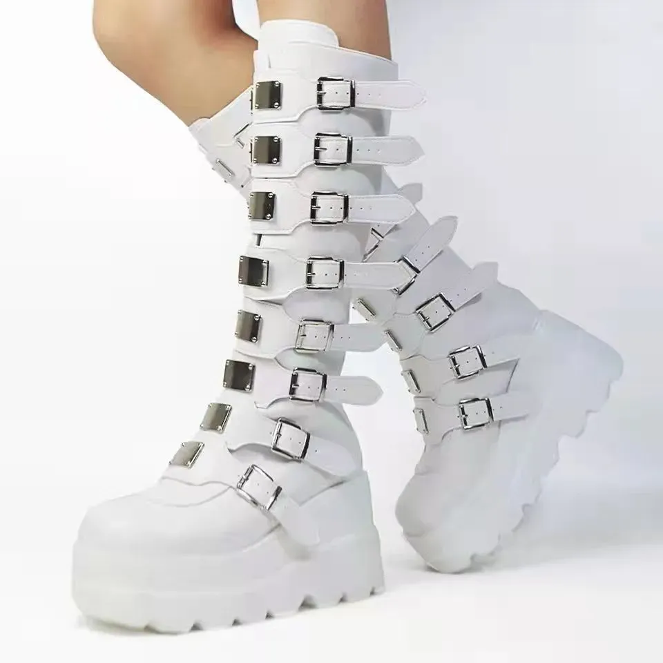 Botas góticas de plataforma até o joelho, estilo punk, pretas, sexy, para motociclistas, lançamento 2023, cosplay de Halloween 2024, sapatos Atos Mujer para mulheres._voghion.com
