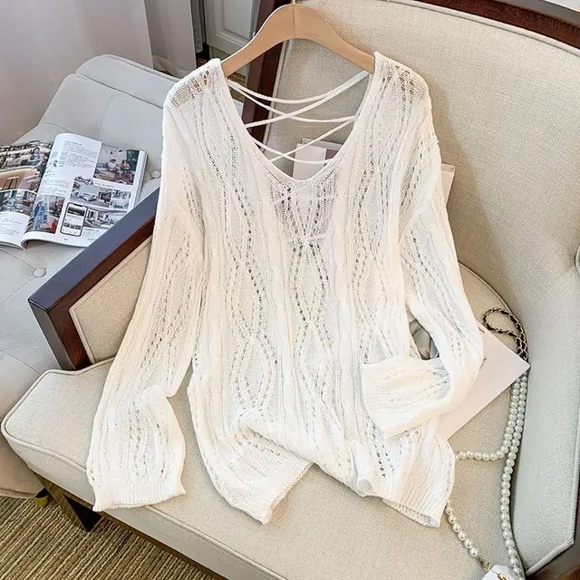 vendita calda Hollow Out Lace-up Back Crochet Shirt Manica Lunga Maglia Tops Pullover Donne Teengirls Y2K Grunge Estetico Outfit_voghion.com
