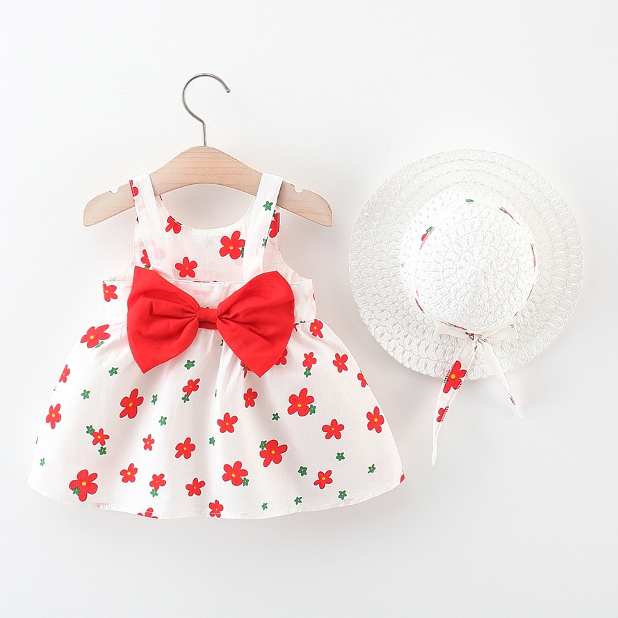 Newborn Girl Summer Tank Top Dress Floral Printed Holiday Style Dress With Bow At The Back Send Hat_voghion.com