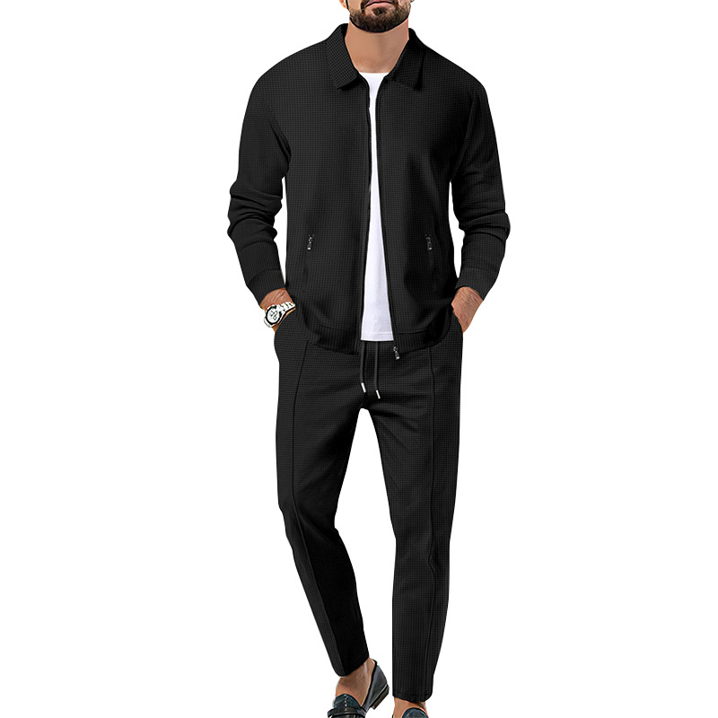 2024 mantel Herbst Jugend Waffel Zip Tasche Flip Kragen Slim Fit Strickjacke männer Jacke Set_voghion.com
