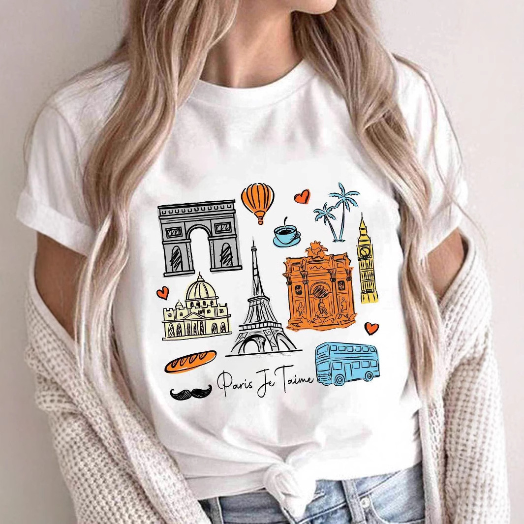 Women's T-shirt City Architecture Printed Round Neck Fashion Casual Short Sleeve Top