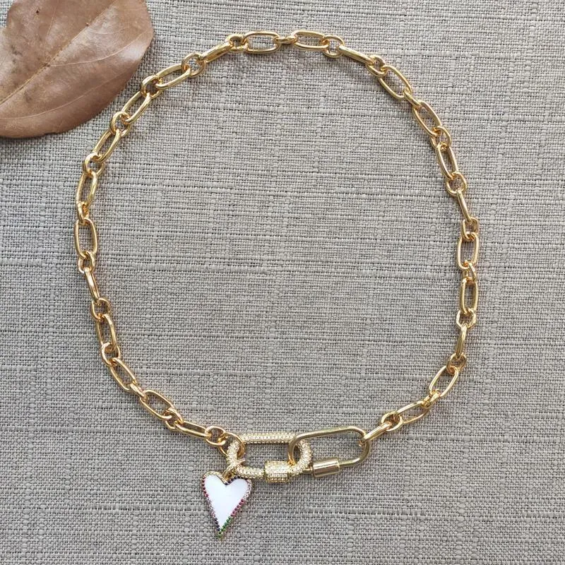 Collane con ciondolo Moda Cuore bianco Collana Catena color oro massiccio per donne Stile hip-hop Choker apribile Moschettone_voghion.com