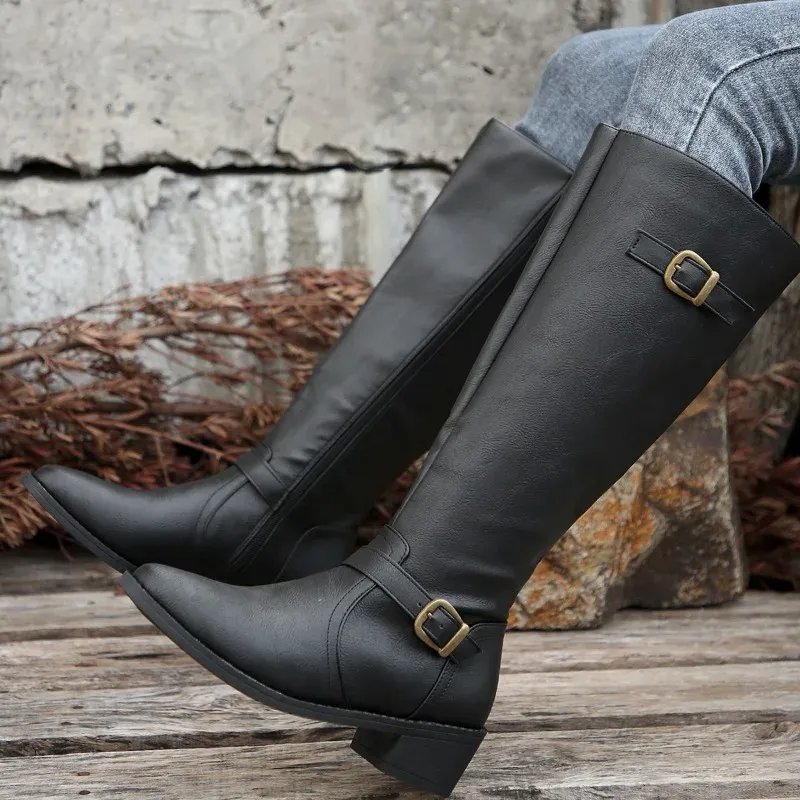 Boots Women Knee High Fashion Low Heels Square Platform Long Brown Black Leather Zip Winter Warm Shoes Booties_voghion.com