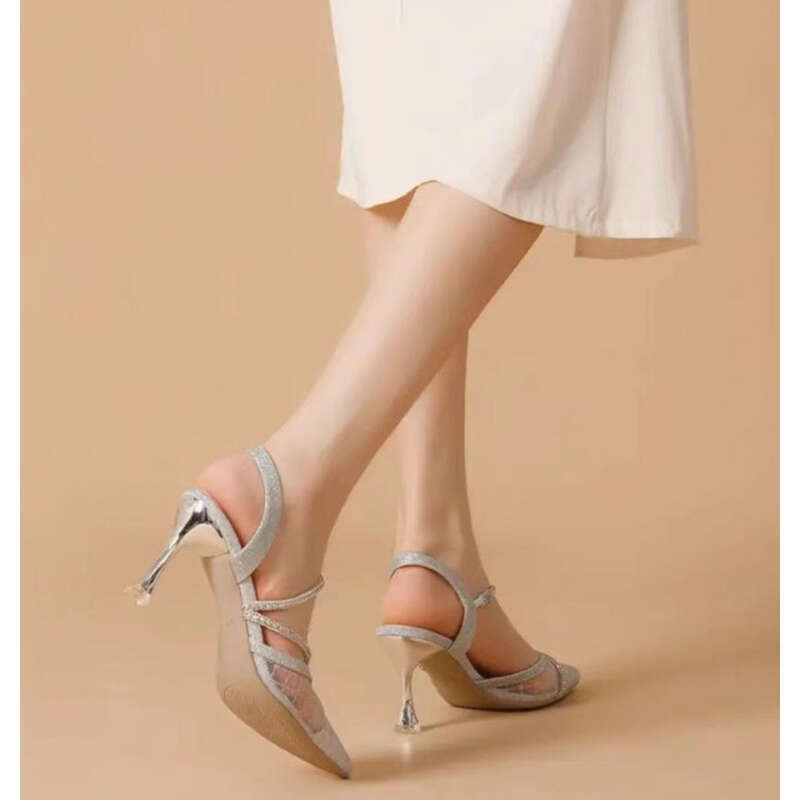 Damen Sandalen mit hohen Absätzen, Mädchen Strass spitze Zehen flach Mesh Damenschuhe,_voghion.com