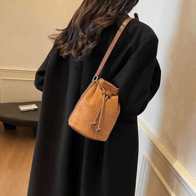 Suede Drstring Small Shoulder Bag Dark BrownC241217_voghion.com