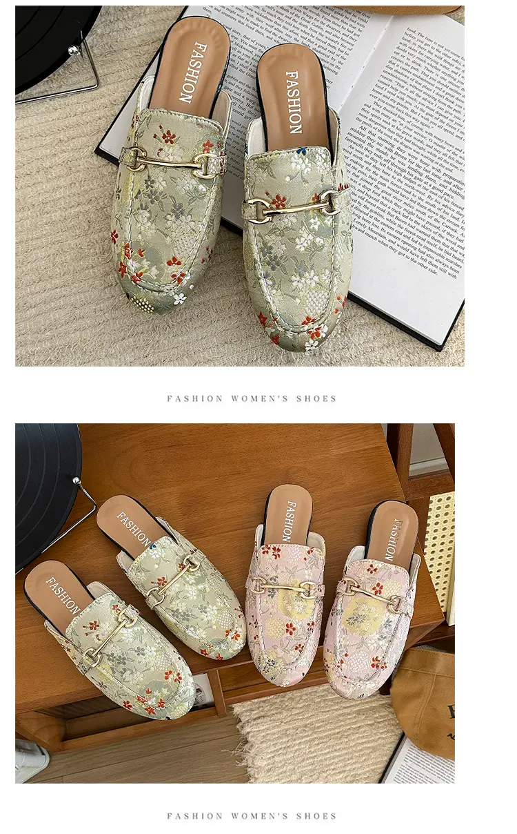 Embroidered Floral Flat Sandals For Women Versatile Half Slippers_voghion.com