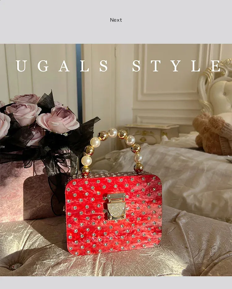 Acryl-Box-Form-Clutch-Tasche Perlengriff Handtasche Dia Metall glänzend Gold Frauen Abendparty süße Geldbörse Hochzeit 240822_voghion.com