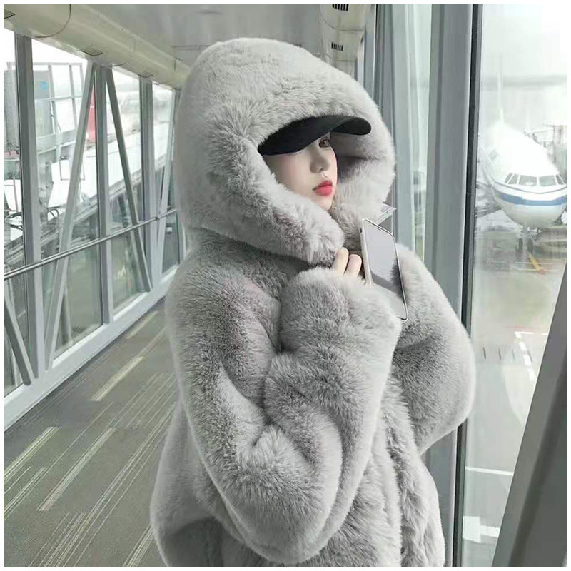 Women's Faux Rabbit Fur Coat Winter Hooded Longline Plush Teddy Jacket Oversized Casual Outerwear