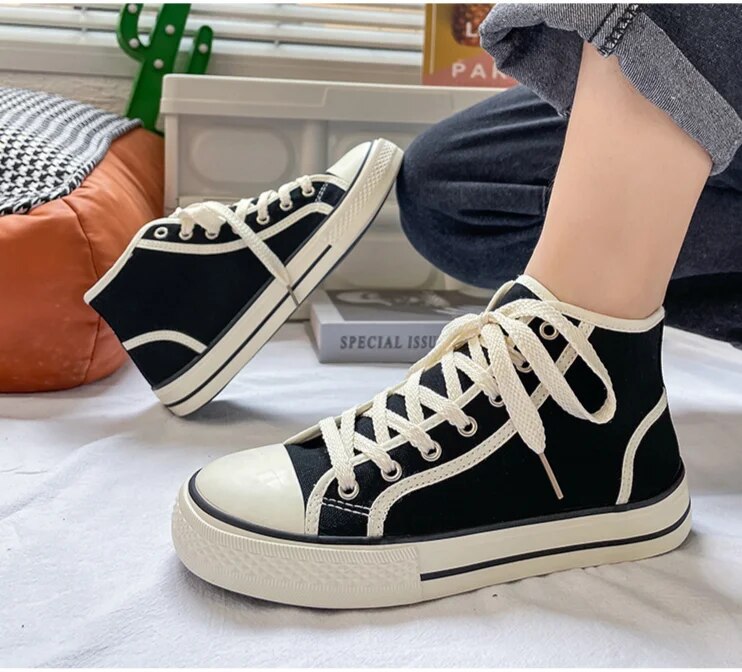 High top men's classic spring canvas student Korean vulcanized round toe casual board shoes, cloth shoes_voghion.com