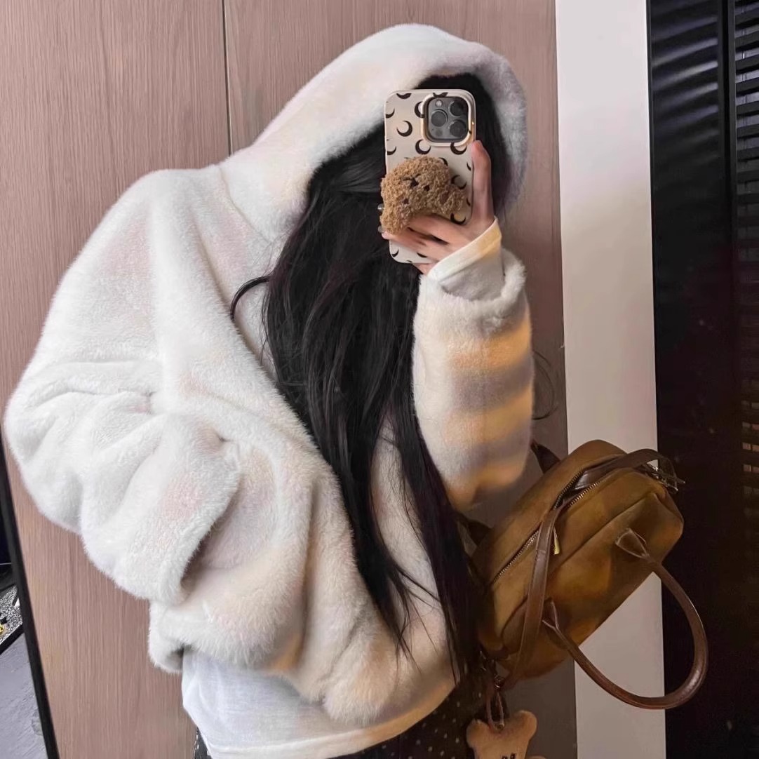 Women's Clothing Faux Fur Hooded Jacket Winter Cozy Short Coat With Double-Layer Hood, Loose Fit, & Cream