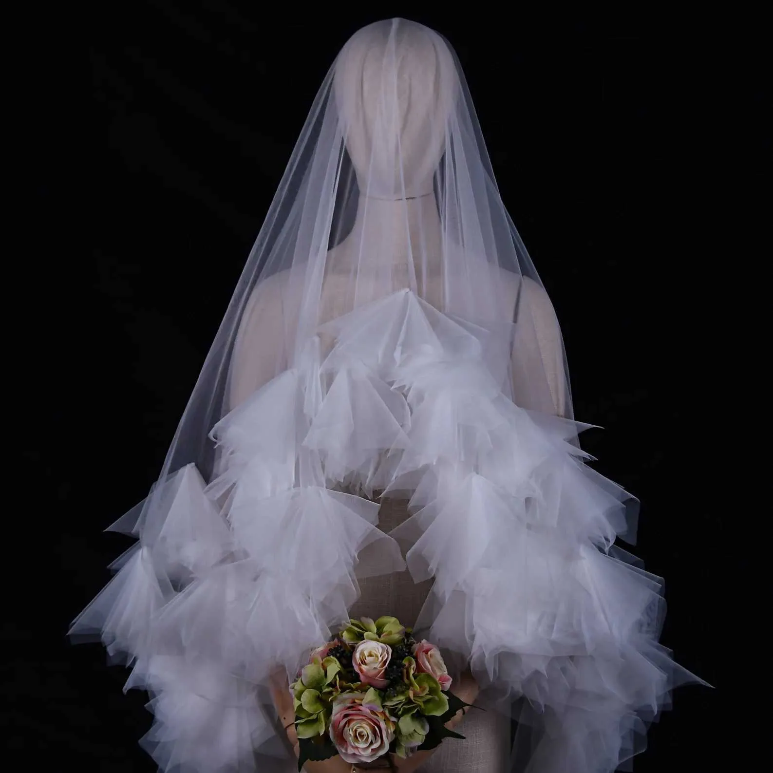 Hair Jewelry V208 Long Bridal Veils 2 Tier Wedding Drop Style 3D Flower Trimmed Blusher Veil Cathedral Length Soft Tulle_voghion.com