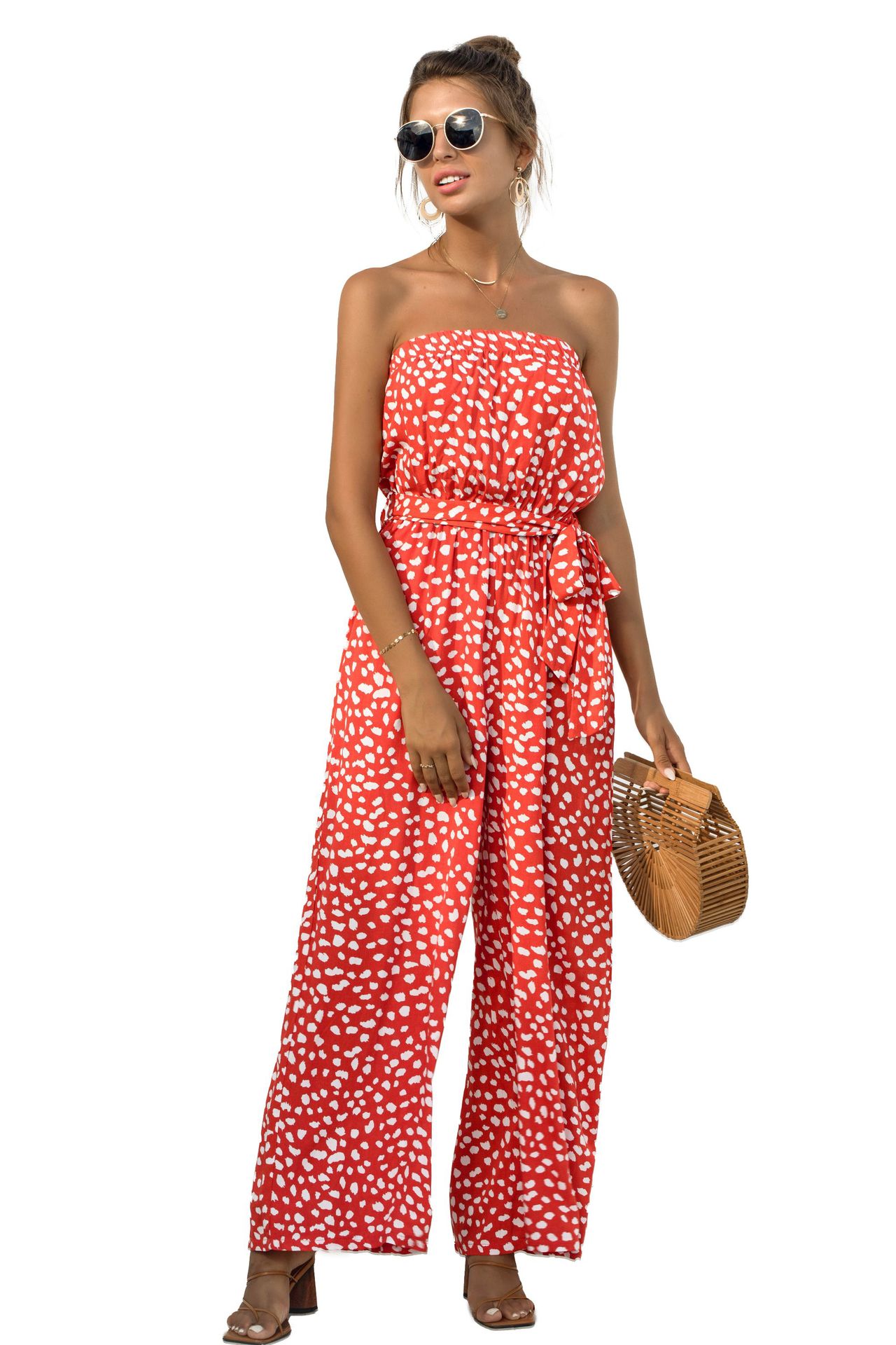 Nuevos productos de verano para mujer, nuevo mono de pierna ancha con cordones y estampado de lunares en forma de corazón y top de tubo sexy_voghion.com