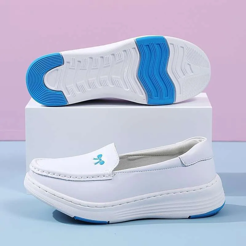 Fashion leather nurse Women's soft sole breathable non-slip flat white medical shoes 456_voghion.com