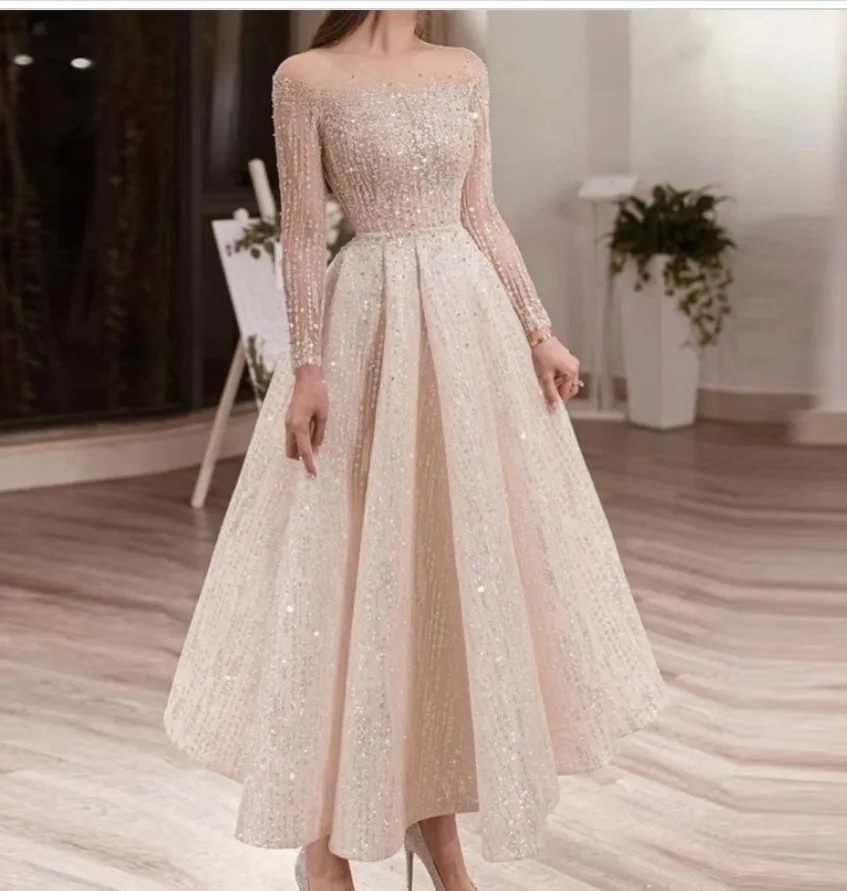 Beige Midi Evening Dress For Women Party Long Sleeve Illusion Neck Ankle Length Arabic Bridal Formal Gowns_voghion.com