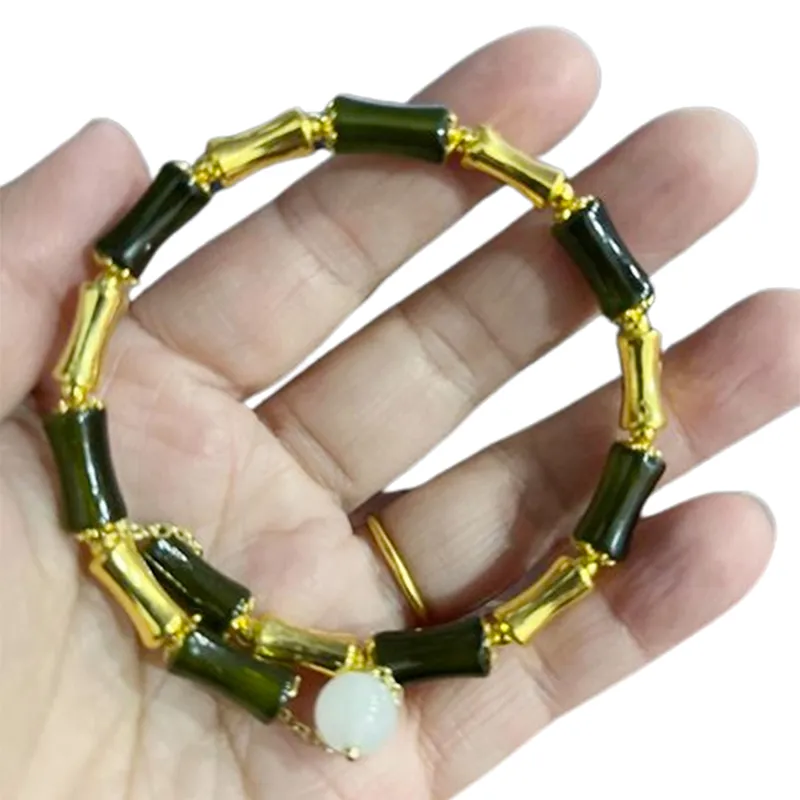 Chinese Style Bamboo Joint Bracelet Retro Green Beaded Bangle_voghion.com