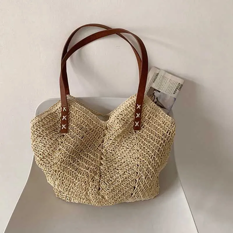 Summer grass woven shoulder bag Latan Beach large capacity handmade vacation travel shopping handbag Y241011_voghion.com