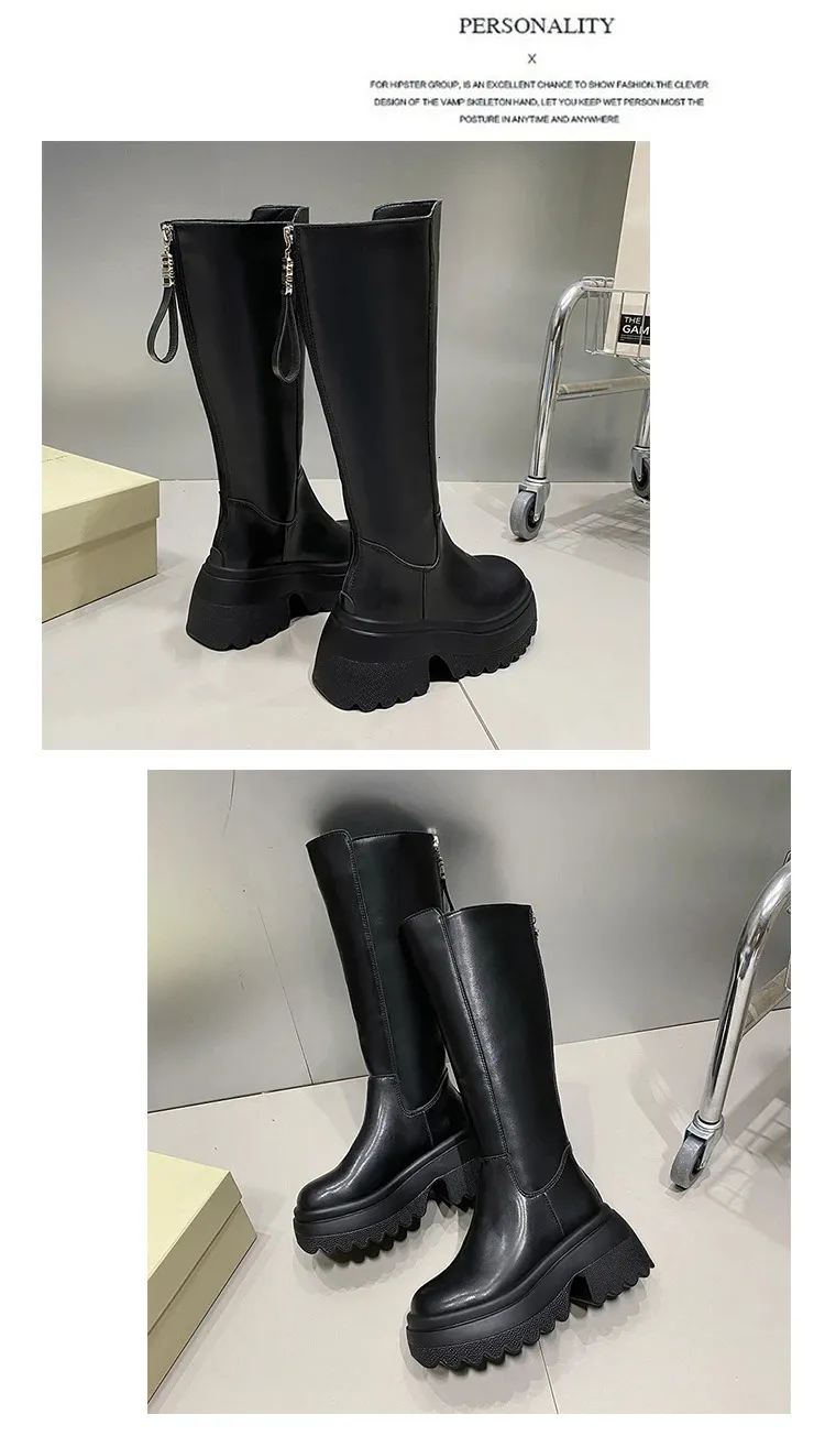 Knee High Platform Boots Women Retro Punk Style Leather Booties_voghion.com
