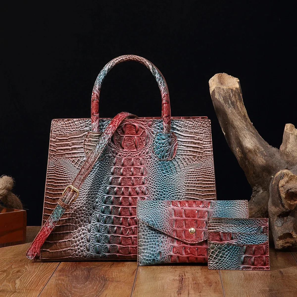 3-teiliges Muster-Handtaschen-Geldbörsen-Set, multifunktionaler Vintage-Umhängetaschen-Business-Clutch-Tasche mit Kartenhalter, Coi 240924_voghion.com
