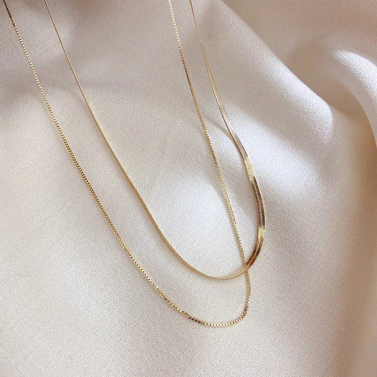 Ketten Anti-allergesch Minimalistesch Duebelschichten 14K Gold Plated Box & Herringbone Kette Choker Halskette fir Fraen Ketten_voghion.com