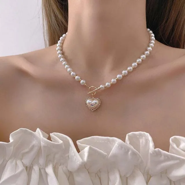 Korejiešu elegantas pērļu krelles sievietēm Sieviešu modes Rhinestone gliemežvāku sirds kulons kaklarota čaulas rotaslietas_voghion.com