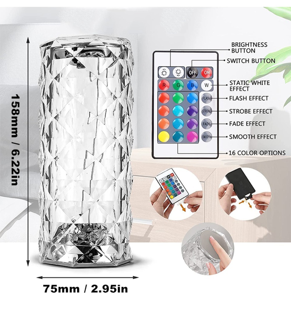 LED Crystal Table Bedroom Atmosphere Lamp Rose Projector USB Touch Night Light Decorative Lights for Room Decor_voghion.com