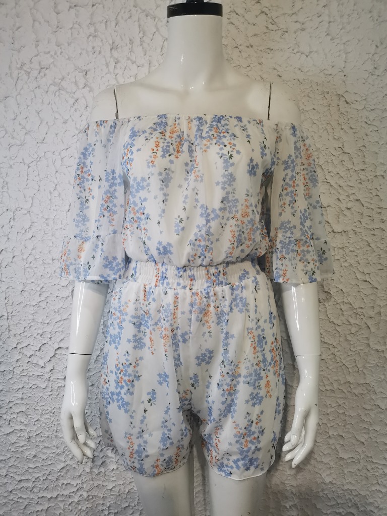 Kurzärmliger, lockerer, einfarbiger Chiffon-Overall für Damen_voghion.com