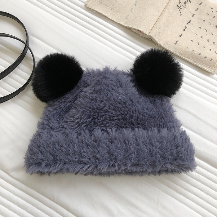 Autumn and Winter Cute Little Bear Plush Ear Protection for Children's Versatile Warmth Double Hair Ball Knitted Hat_voghion.com