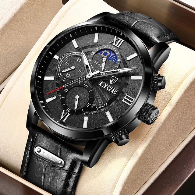 Men's Luxury Quartz Chronograph Watch With Leather Strap & Box_voghion.com