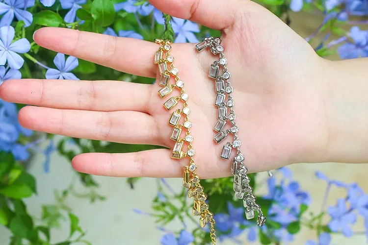 EYIKA Gold Sier Color Sparkling Round Zircon Link With Square CZ Tassel Bracelet for Women Fashion Party Jewelry 240710_voghion.com