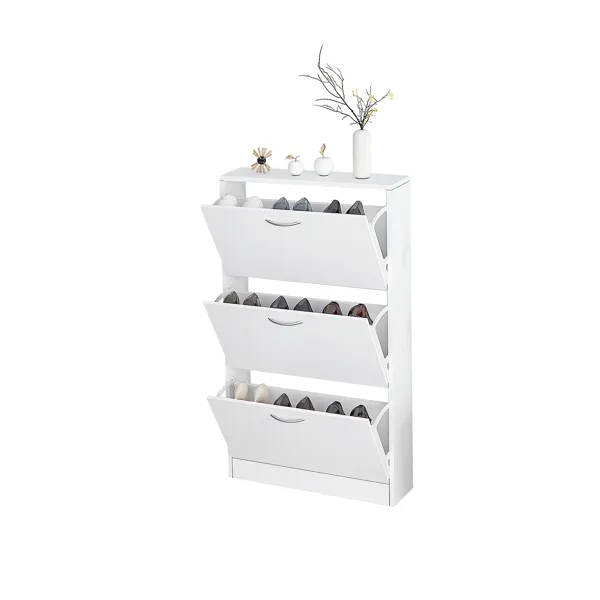 Shoe Cabinet For Entryway; White Narrow Shoe Storage Cabinet Flip Down Shoe Rack Wood 3 Tier Shoe Organizer For Home And Apartment_voghion.com