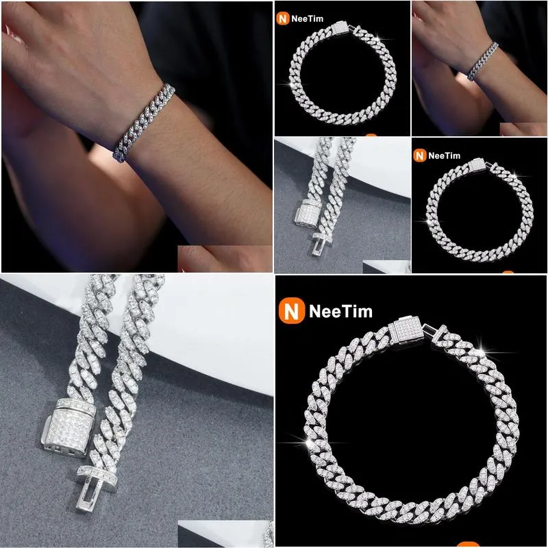 Chains Neetim 6Mm Full Moissanite Hip Hop Men Women Cuban Chain Bracelets Sterling Sier With Gold Plated Bracelet Drop_voghion.com