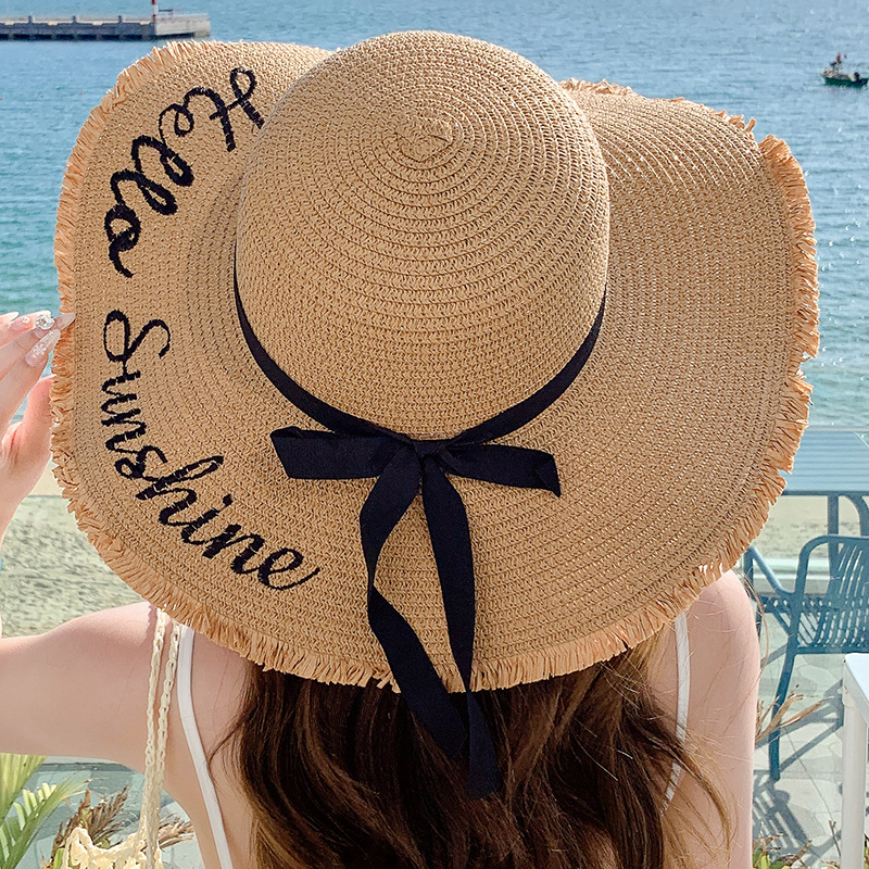 Unisex Summer large embroidered sunblock straw hat women's fashion simple letter bow streamer sun hat sweet sun hat_voghion.com