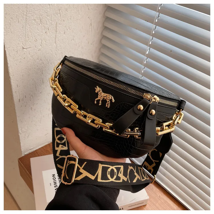 Thick Chain Women's Waist Fanny Pack Fashion Crossbody Chest Bags Female Belt Crocodile Shoulder Bag_voghion.com