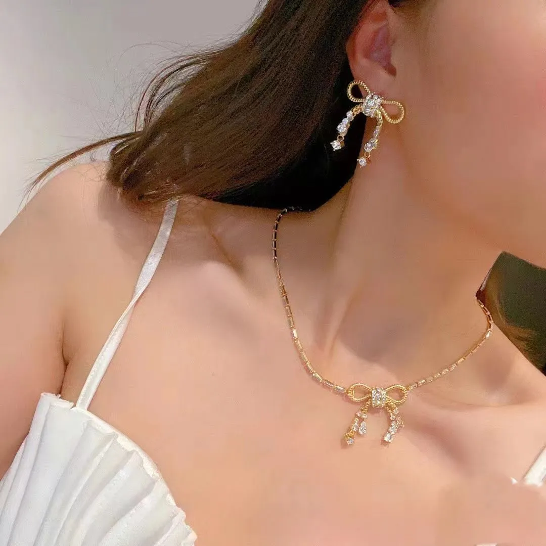 Collana classica con fiocco di marca, ciondolo con fiocco dolce, cristallo scintillante, diamanti, collane a catena, moda_voghion.com