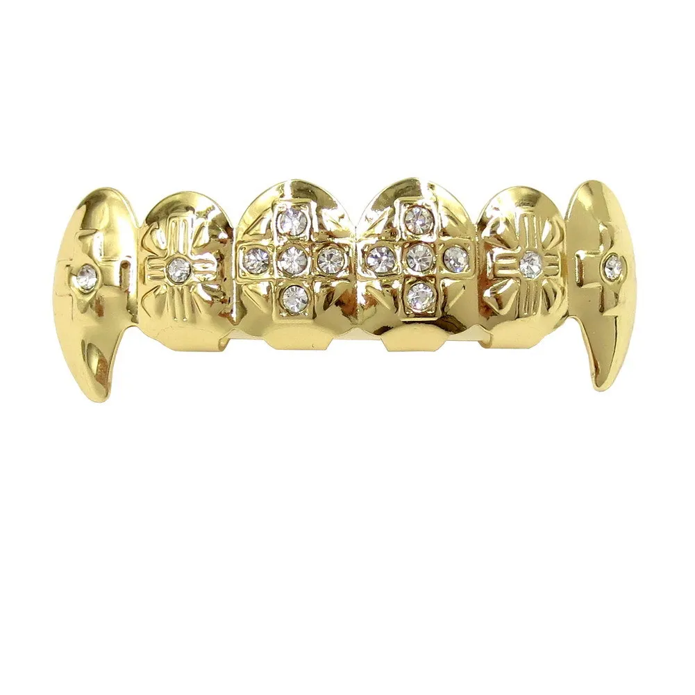 Echtes Gold Vampirzähne Fang Grillz Punk Hip Hop CZ Cubic Zirkon Poker Buchstaben Iced Out Dia Grills Zahnspangen Zahnkappe_voghion.com