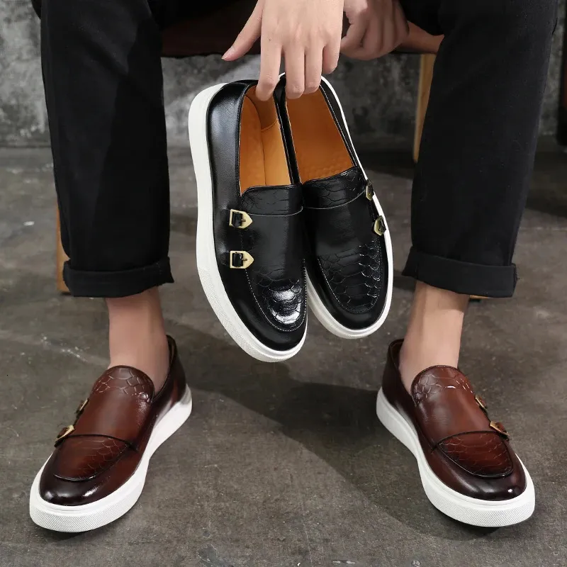 Retro-Mode Herren Schwarz Braun Flats Monk Strap Lederschuhe Casual Loafers Formelle Kleidung Schuhe atos Hombre_voghion.com